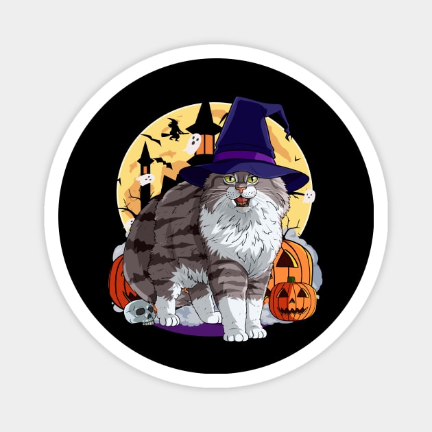 Norwegian Forest Cat Funny Halloween Witch Pumpkin Magnet by Noseking